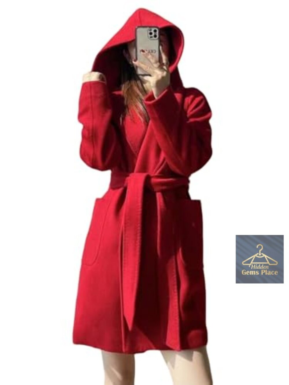 Women's Wool Blend Trench Coat with Hood Belted Winter Coat